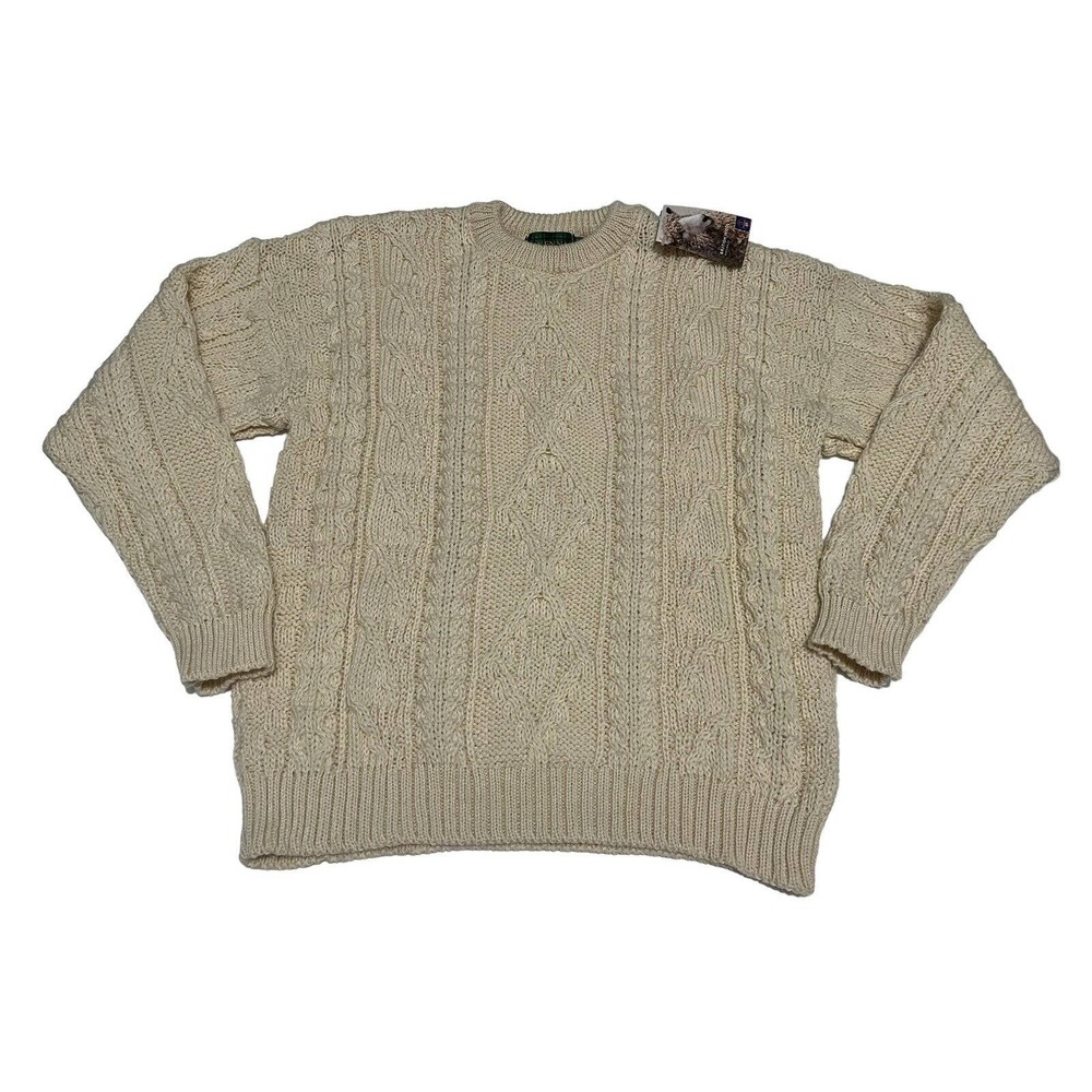 McKennas Chunky Pure Hand Knit Wool Irish Fisherman Sweater Size L Boho